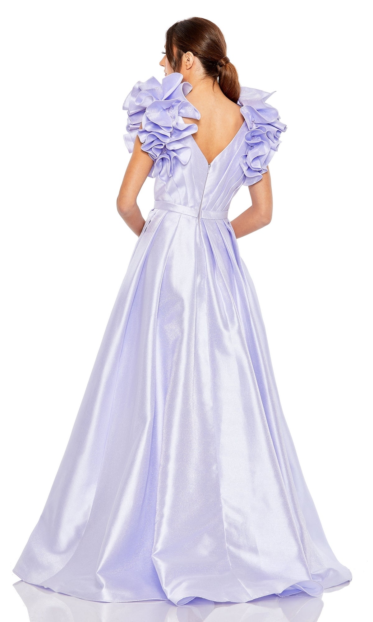 A woman is seen from behind wearing the Mac Duggal 20522 Ruffle-Sleeve Long Formal Dress in shiny lavender, featuring short ruffled sleeves and an open V-shaped back.